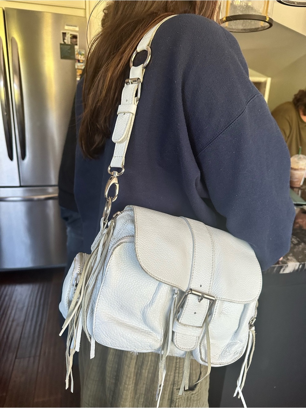 Roots , Emily Shoulder Bag , white pebbled leather